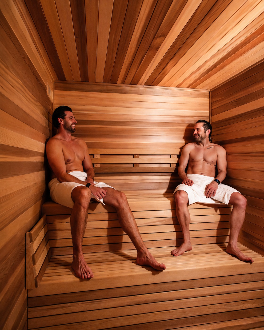 Two members talking in the sauna at somofit, SOMO Village