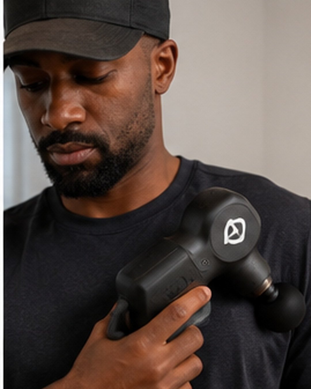Member using a Theragun on his shoulder at somofit recovery lounge