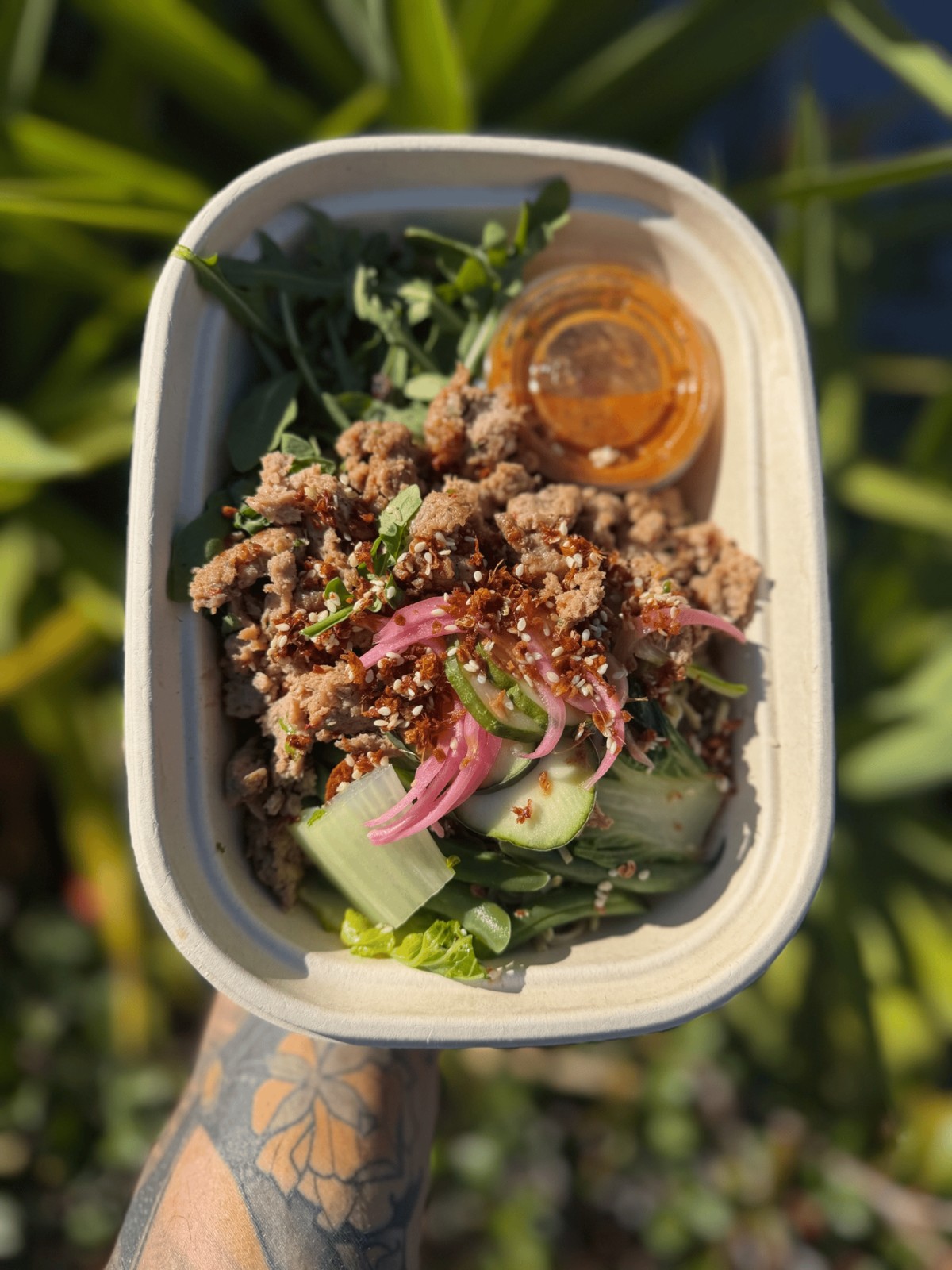 Wylde Provisions Dan Dan Revolution bowl with pickled onions, cucumber and sesame